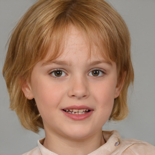 Joyful white child female with medium  blond hair and blue eyes