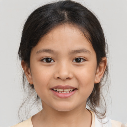 Joyful white child female with medium  brown hair and brown eyes