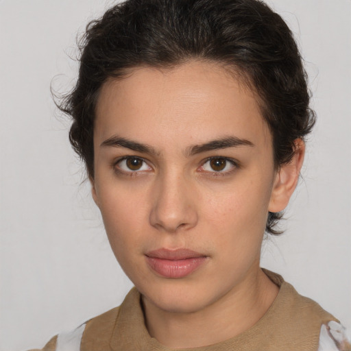 Neutral white young-adult female with medium  brown hair and brown eyes