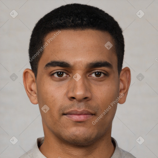 Neutral latino young-adult male with short  black hair and brown eyes