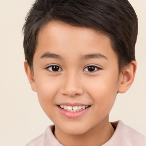 Joyful white child male with short  brown hair and brown eyes