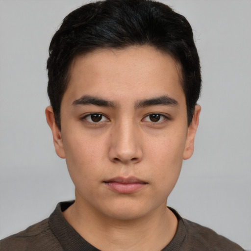 Neutral asian young-adult male with short  black hair and brown eyes