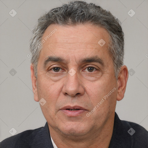 Neutral white middle-aged male with short  black hair and brown eyes