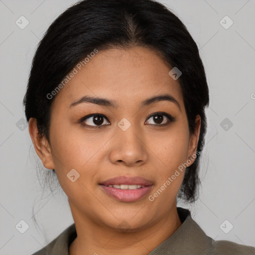 Joyful asian young-adult female with medium  black hair and brown eyes