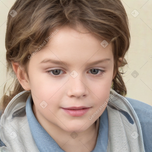 Joyful white child female with medium  brown hair and grey eyes