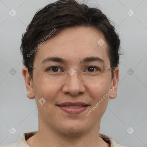 Joyful white young-adult female with short  brown hair and brown eyes