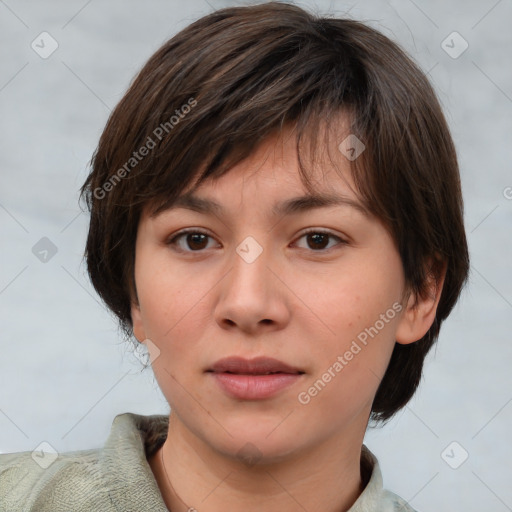 Neutral white young-adult female with short  brown hair and brown eyes