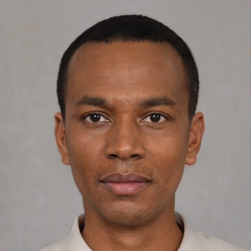 Neutral black young-adult male with short  black hair and brown eyes