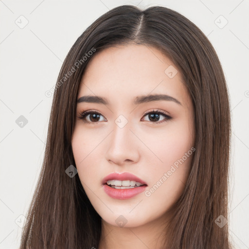 Neutral white young-adult female with long  brown hair and brown eyes