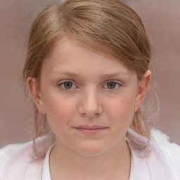 Joyful white child female with medium  brown hair and blue eyes