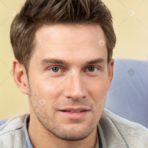 Neutral white adult male with short  brown hair and brown eyes