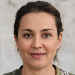 Joyful white adult female with medium  brown hair and brown eyes