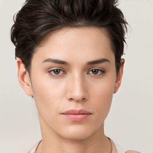 Neutral white young-adult female with short  brown hair and brown eyes