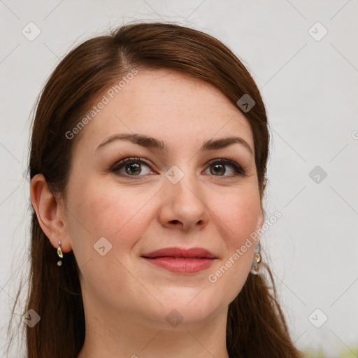 Joyful white young-adult female with long  brown hair and grey eyes