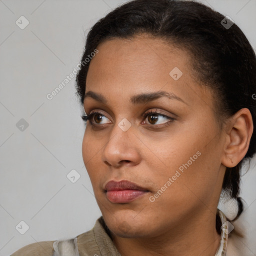 Neutral black young-adult female with short  brown hair and brown eyes