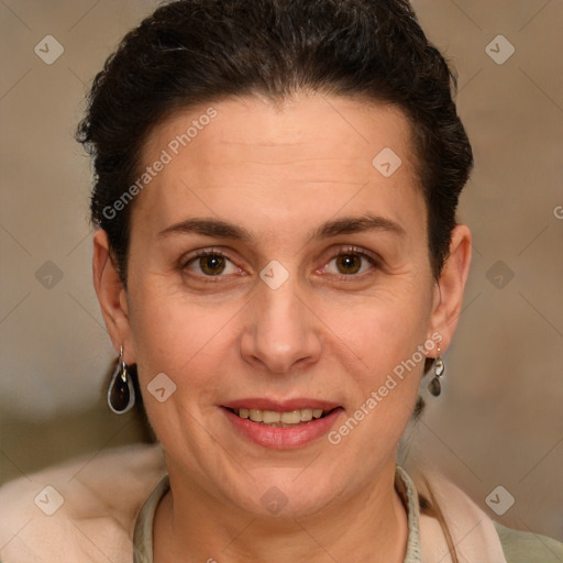 Joyful white adult female with short  brown hair and brown eyes