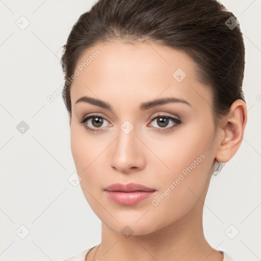 Neutral white young-adult female with medium  brown hair and brown eyes