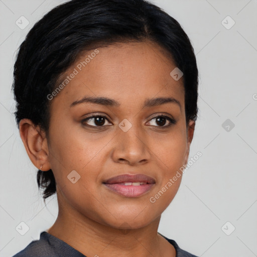 Joyful latino young-adult female with short  black hair and brown eyes