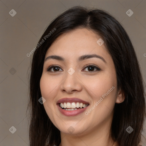 Joyful white young-adult female with long  brown hair and brown eyes