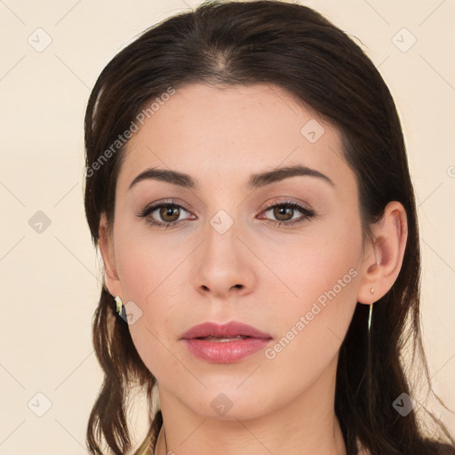 Neutral white young-adult female with long  brown hair and brown eyes