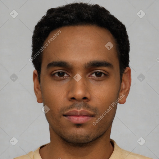 Neutral latino young-adult male with short  black hair and brown eyes