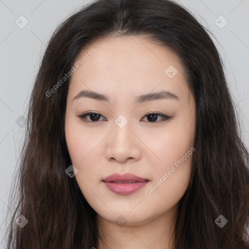 Joyful asian young-adult female with long  brown hair and brown eyes