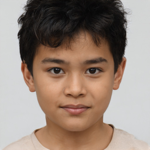 Joyful asian child male with short  brown hair and brown eyes