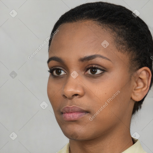 Neutral black young-adult female with short  brown hair and brown eyes