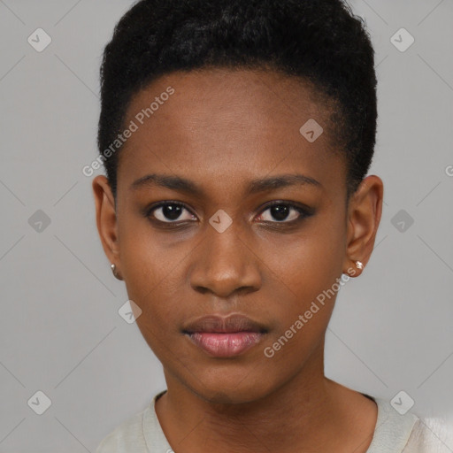 Neutral black young-adult female with short  black hair and brown eyes