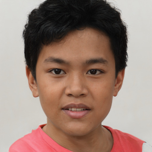 Joyful asian child male with short  brown hair and brown eyes