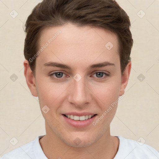 Joyful white young-adult female with short  brown hair and grey eyes