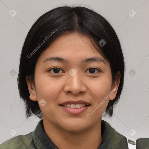 Joyful asian young-adult female with medium  black hair and brown eyes