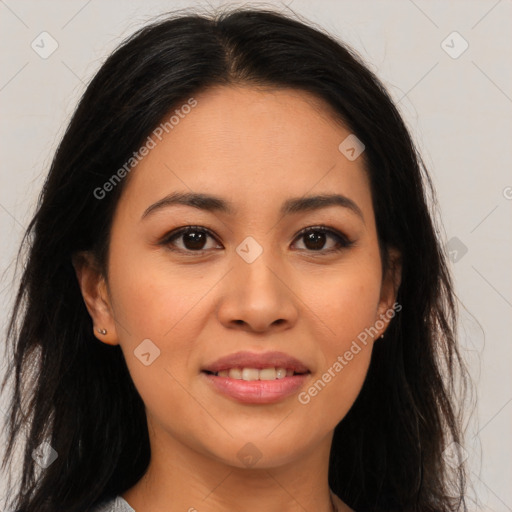 Joyful asian young-adult female with long  brown hair and brown eyes