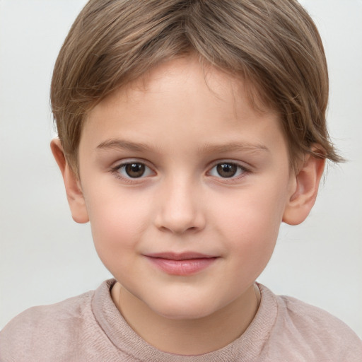 Joyful white child female with short  brown hair and brown eyes