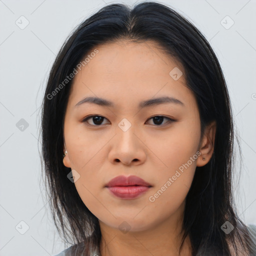 Neutral asian young-adult female with long  brown hair and brown eyes