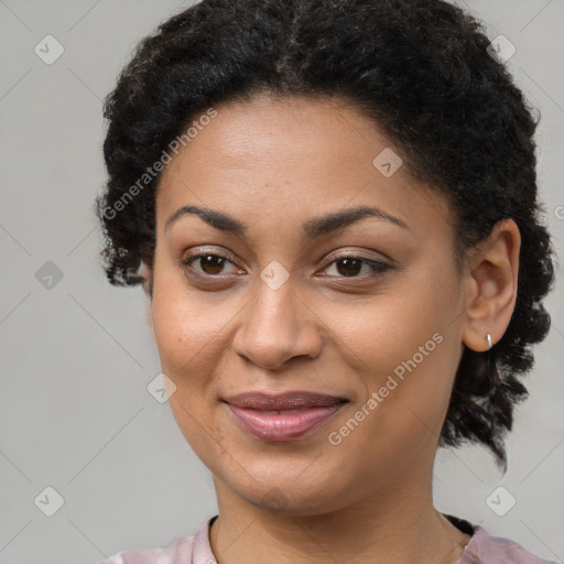 Joyful latino young-adult female with short  brown hair and brown eyes