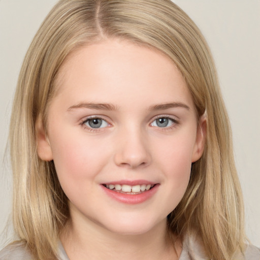 Joyful white child female with medium  brown hair and grey eyes