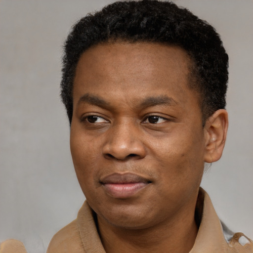 Joyful black young-adult male with short  brown hair and brown eyes