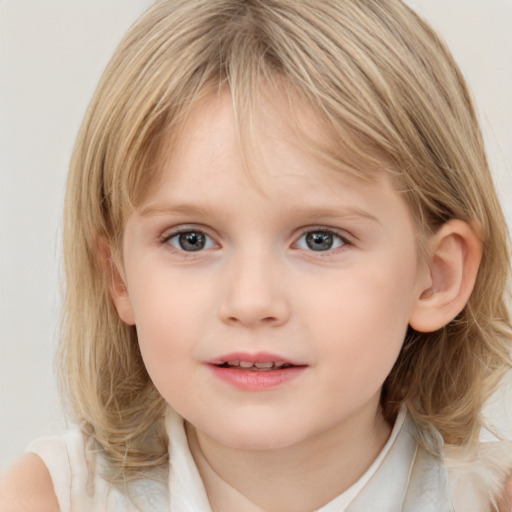 Neutral white child female with medium  brown hair and blue eyes