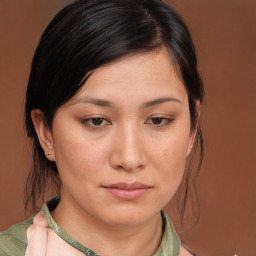 Neutral asian young-adult female with medium  brown hair and brown eyes