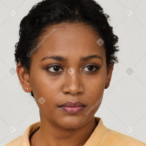 Neutral black young-adult female with short  black hair and brown eyes