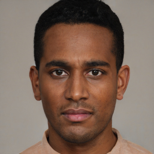 Neutral black young-adult male with short  black hair and brown eyes