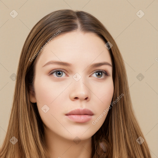 Neutral white young-adult female with long  brown hair and brown eyes