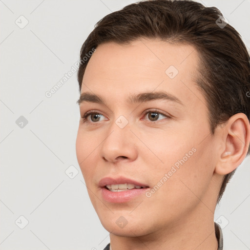 Joyful white young-adult female with short  brown hair and brown eyes