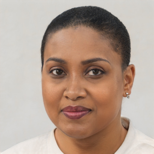 Joyful black young-adult female with short  brown hair and brown eyes