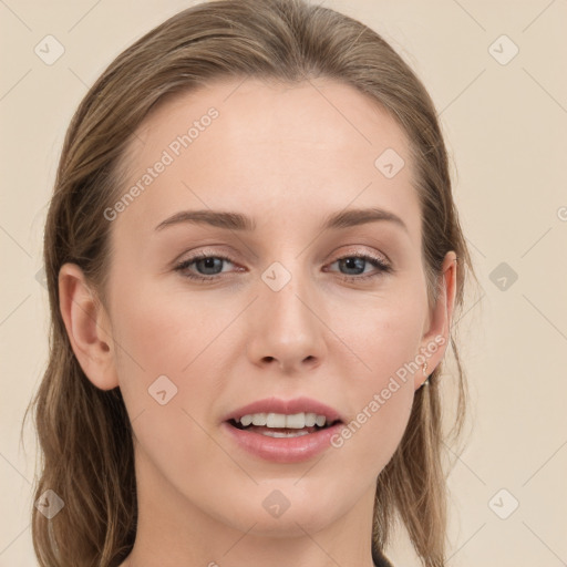 Joyful white young-adult female with long  brown hair and grey eyes