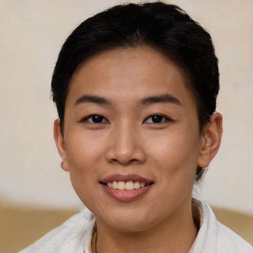 Joyful asian young-adult female with short  brown hair and brown eyes