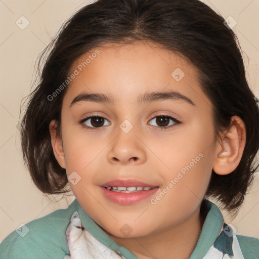 Joyful white child female with medium  brown hair and brown eyes