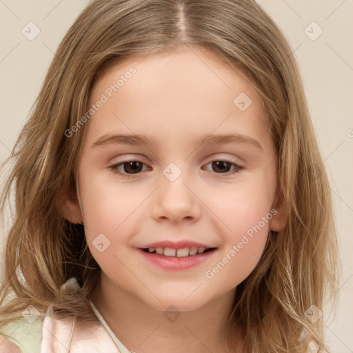 Joyful white child female with medium  brown hair and brown eyes