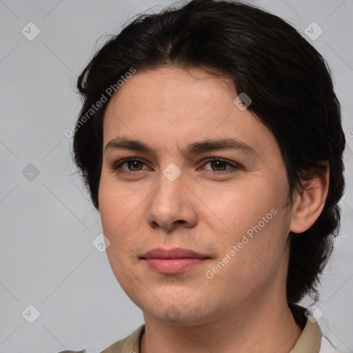 Joyful white young-adult female with medium  brown hair and brown eyes